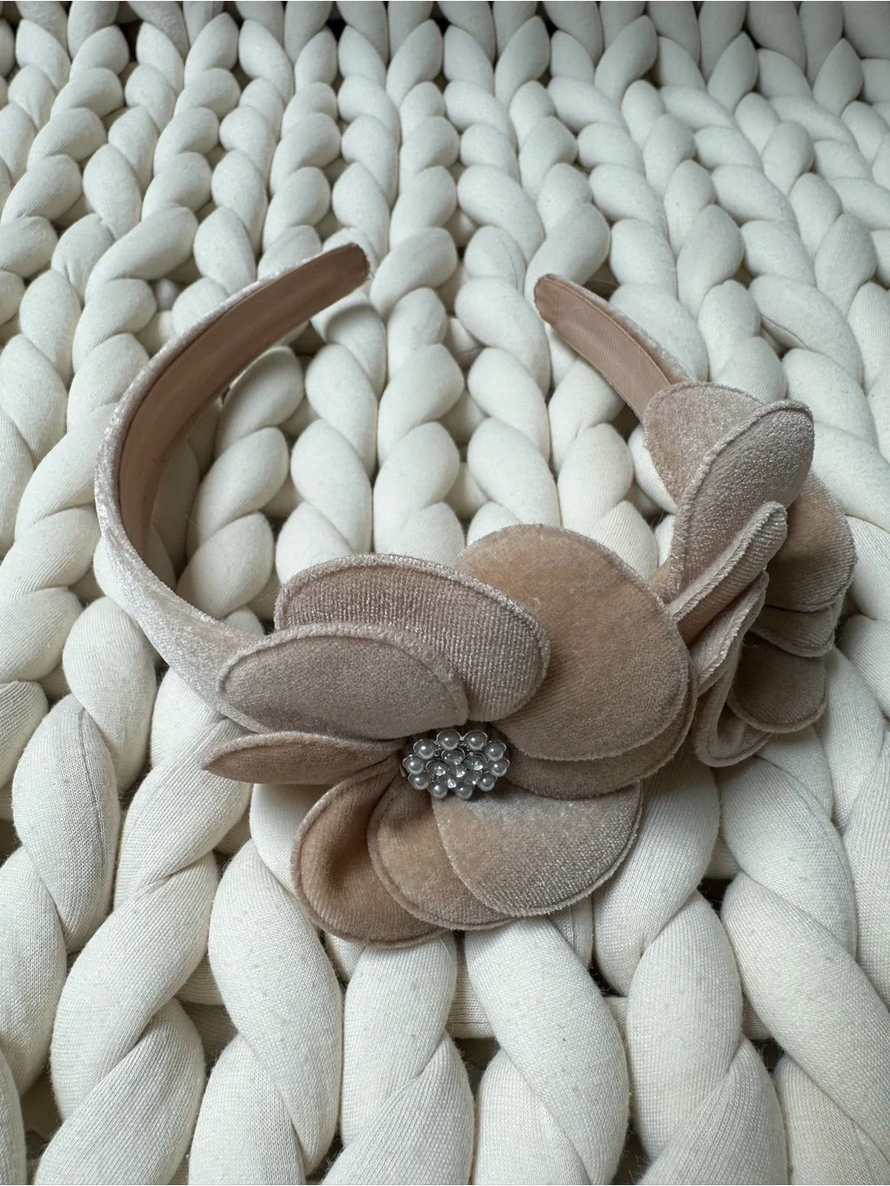 Mayoral Beige Velvet Girls Headband with Statement Flowers and Embelishments
